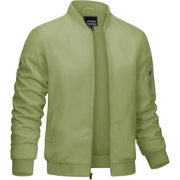 Men's Bomber Lightweight Jacket-Spring Fall Casual Thin Full Zip Olive Green L - Picture 1 of 6